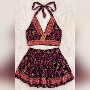 Rhea Boho Halter Crop Top & Tiered Mini Skirt Set NWT One Size (Fits S–M)